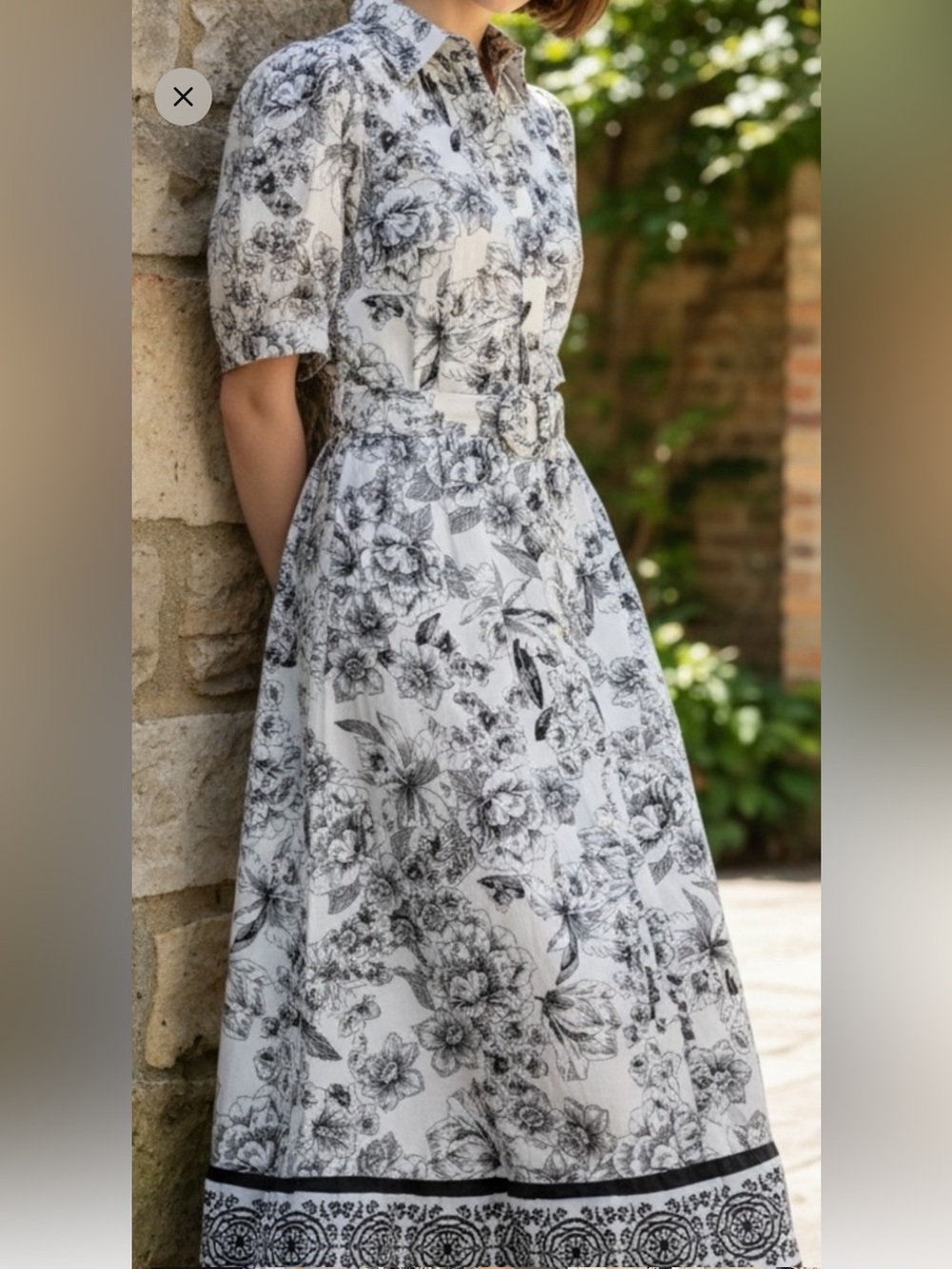Joie Black and White Floral Puff-Sleeve Midi Dress